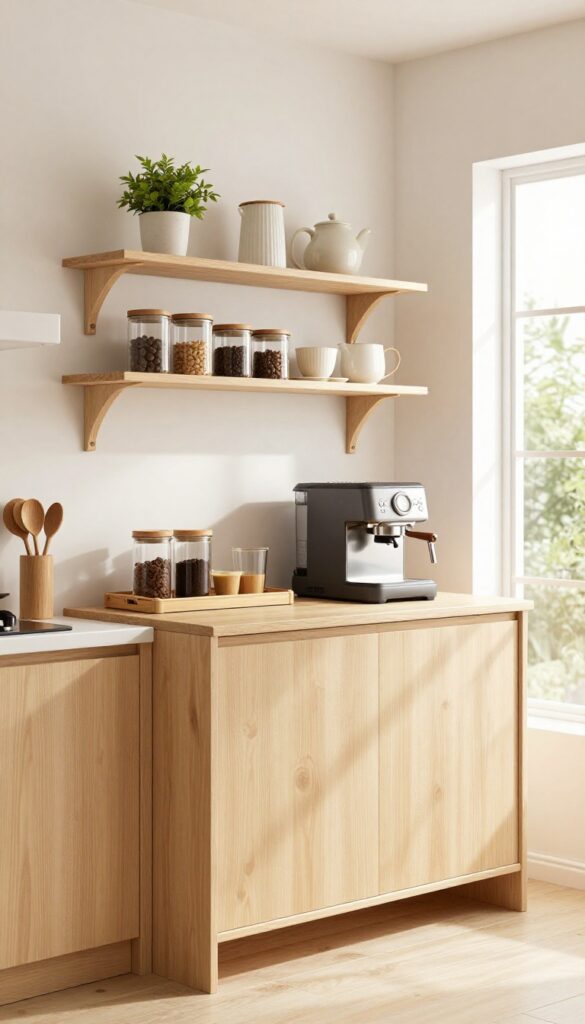 A light wood kitchen hutch styled as a coffee station with open shelves holding mugs and canisters, a coffee machine, and a small plant, in a bright, clutter-free kitchen.