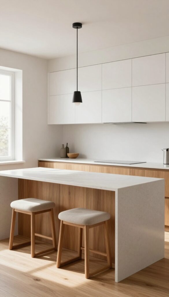 Slim breakfast bar at end of parallel kitchen with stools and pendant light
