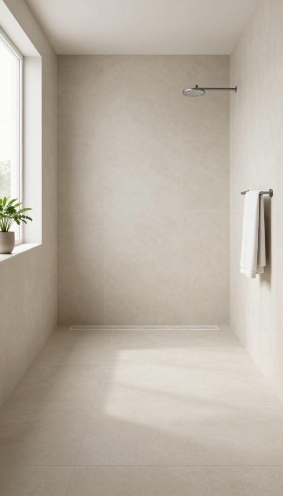 A modern bathroom featuring a curbless walk-in shower with seamless flooring and natural lighting