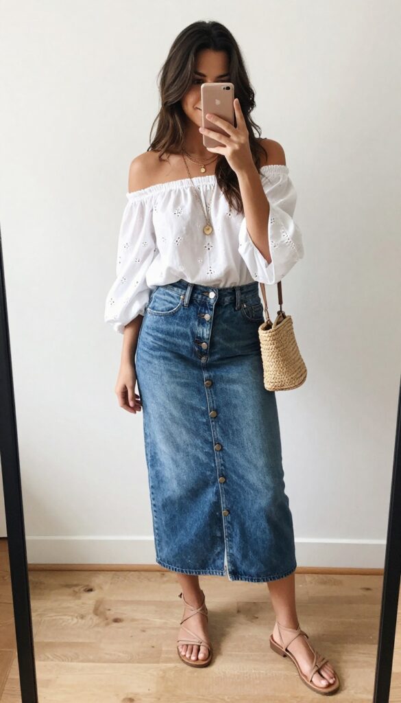 Woman taking a mirror selfie wearing an off-shoulder embroidered white blouse, high-waisted denim skirt, strappy sandals, layered necklaces, and a woven bag.