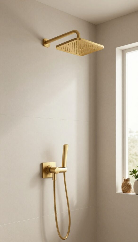 Wall-mounted square brushed gold shower head in a bright neutral bathroom with soft natural light.