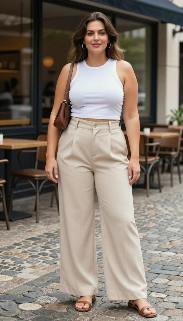 A woman wearing wide-leg pants and a crop top for a summer travel outfit, styled with sandals, a crossbody bag, and statement earrings in a bright urban setting.