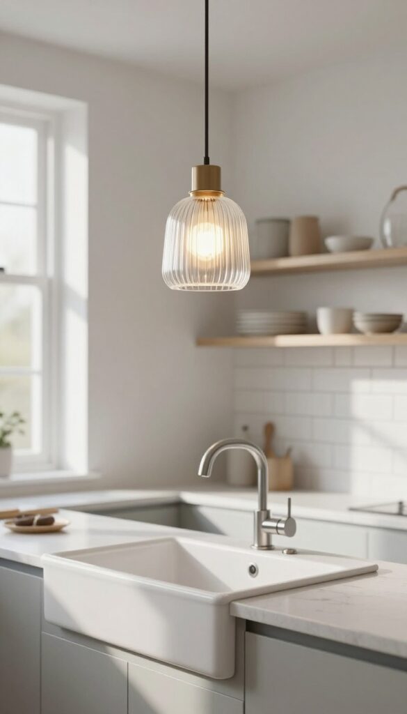 A single mini pendant light hanging over a kitchen sink, creating a warm and layered glow.