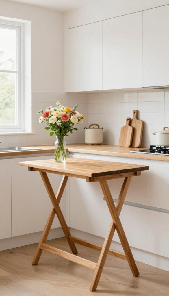A fold-down table mounted on a kitchen wall, providing extra prep space, styled with flowers and a cutting board