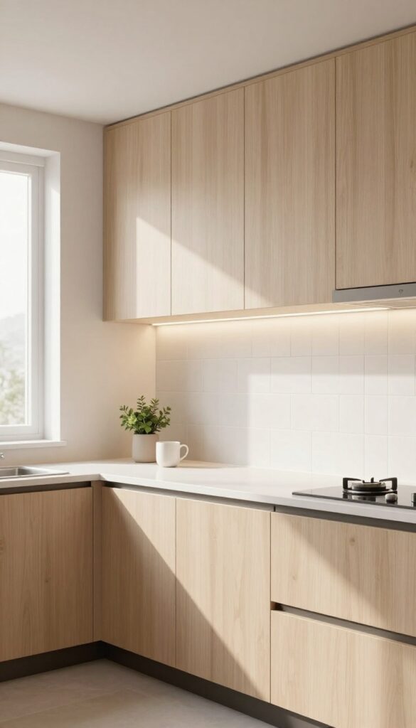 Modern kitchen with under-cabinet lighting creating a warm glow on countertop and backsplash.