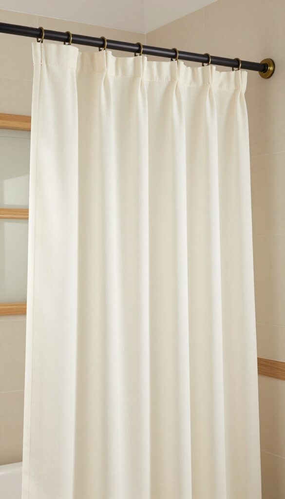 Soft ribbed cotton shower curtain in creamy white hanging in a bright bathroom with beige tiles and wood accents