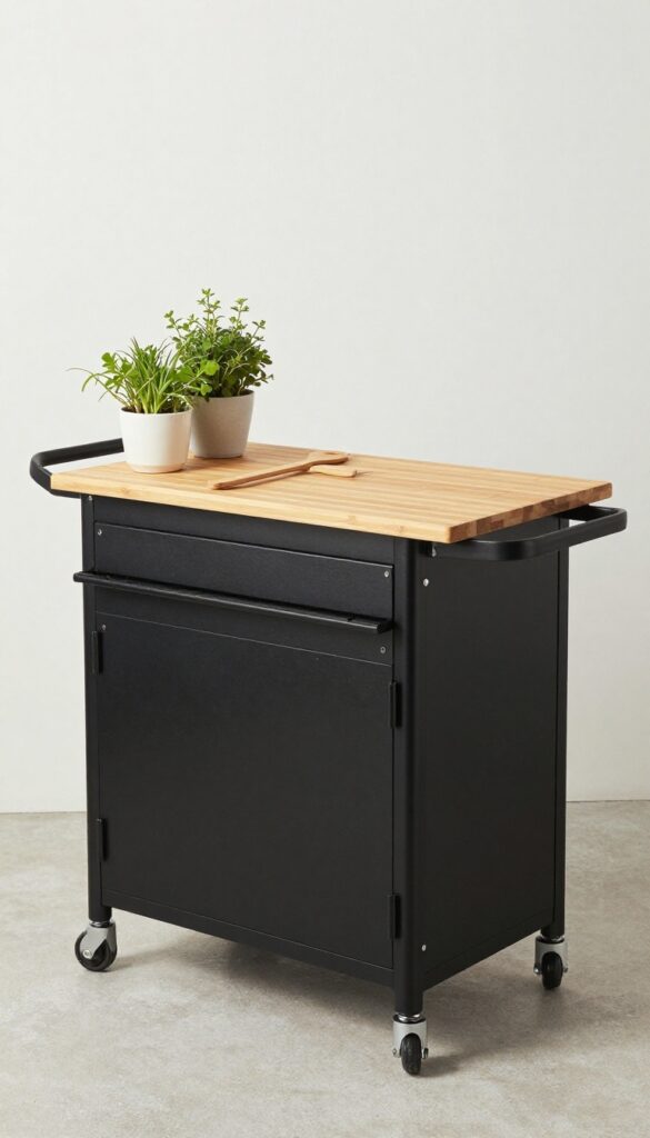 Compact rolling outdoor kitchen cart with grill and prep surface on a small patio
