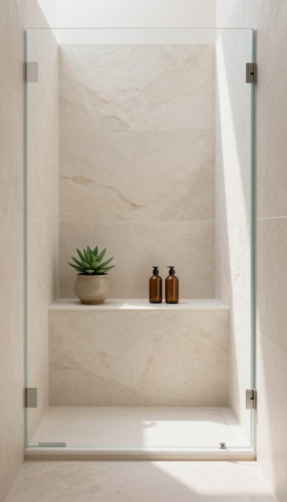 A walk-in shower with recessed shelving holding a succulent and matching bottles