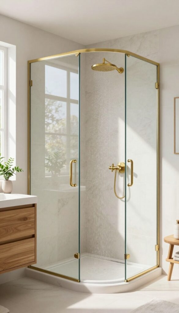 Curved glass shower partition with brushed brass hardware in a bright bathroom