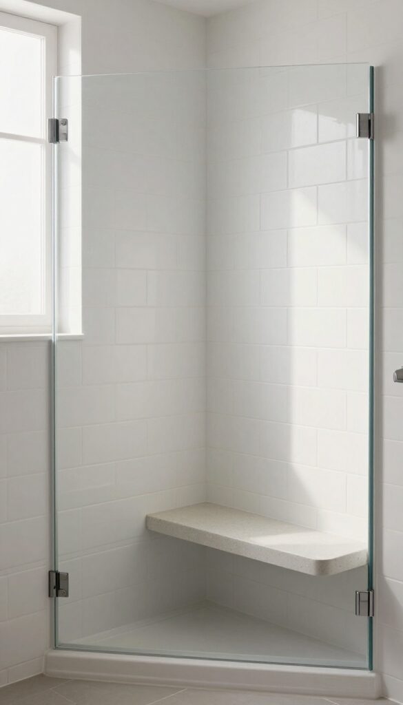 Small walk-in shower with floating corner bench, white subway tiles, natural light, glass door
