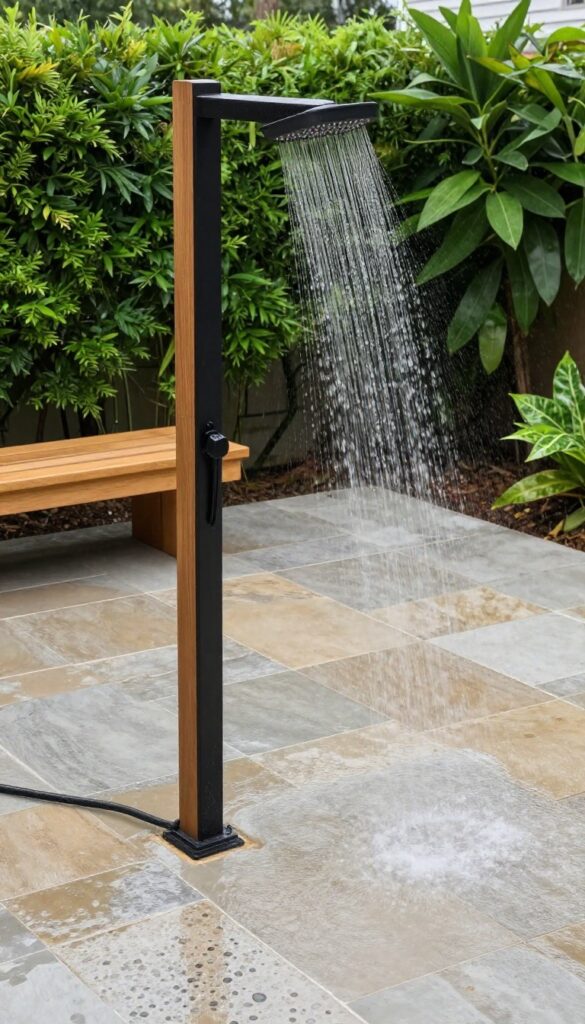 Open-air rain shower with natural stone flooring and teak bench in a lush backyard
