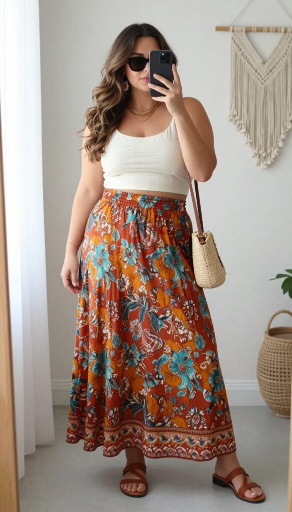 Plus-size woman in a floral bohemian maxi skirt and white cropped top, posing in front of a mirror with sunglasses and gold jewelry.