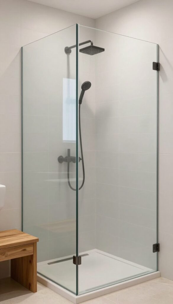 Large-format soft gray glass subway tile shower with minimal grout lines, natural light reflections, matte black fixtures, and warm wood accents.