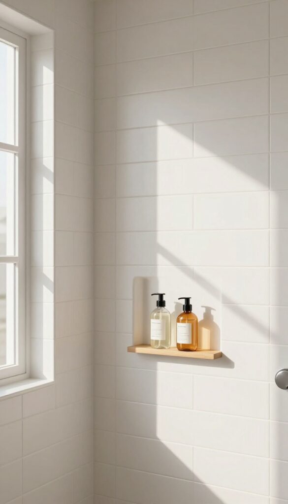 White subway tile shower with built-in niche and warm teak wood shelves