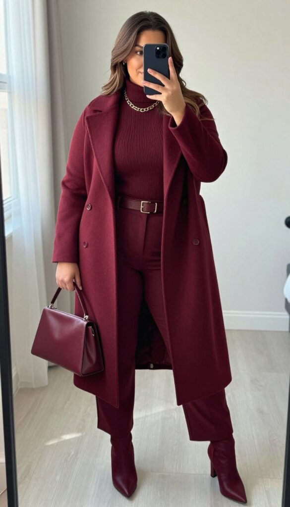 Plus-size woman in monochrome burgundy outfit with statement gold jewelry, posing in a mirror selfie for a date night look.