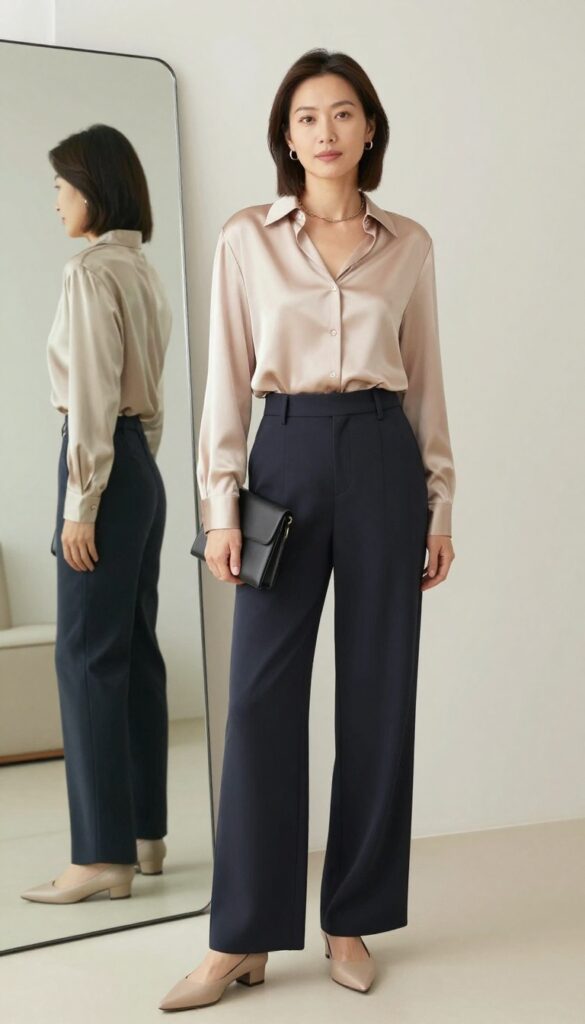 A woman wearing a tucked-in satin blouse and high-waisted wide-leg trousers, accessorized with minimal jewelry and pointed flats, standing in a well-lit room.