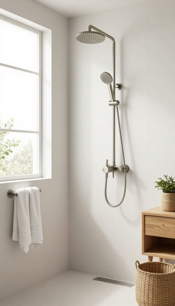 A modern bathroom featuring brushed nickel shower fixtures with a rainfall showerhead and handheld sprayer, set against white tiles, accented with plush white towels, natural wood elements, and green plants in baskets, creating a warm and inviting atmosphere under natural light.