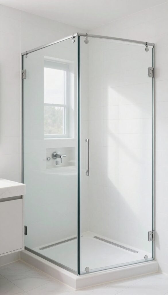 A bright all-white bathroom with a frameless glass walk-in shower featuring large white tiles and minimal hardware.