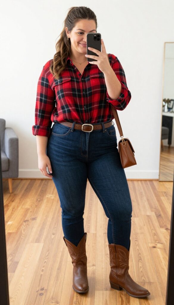 Plus-size woman in high-waisted jeans and fitted plaid shirt with cowboy boots, taking a mirror selfie in a sunlit room.