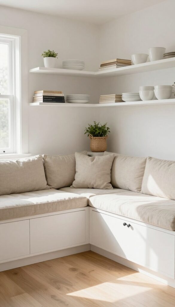 Corner banquette with open shelving displaying cookbooks and dishes in a bright kitchen