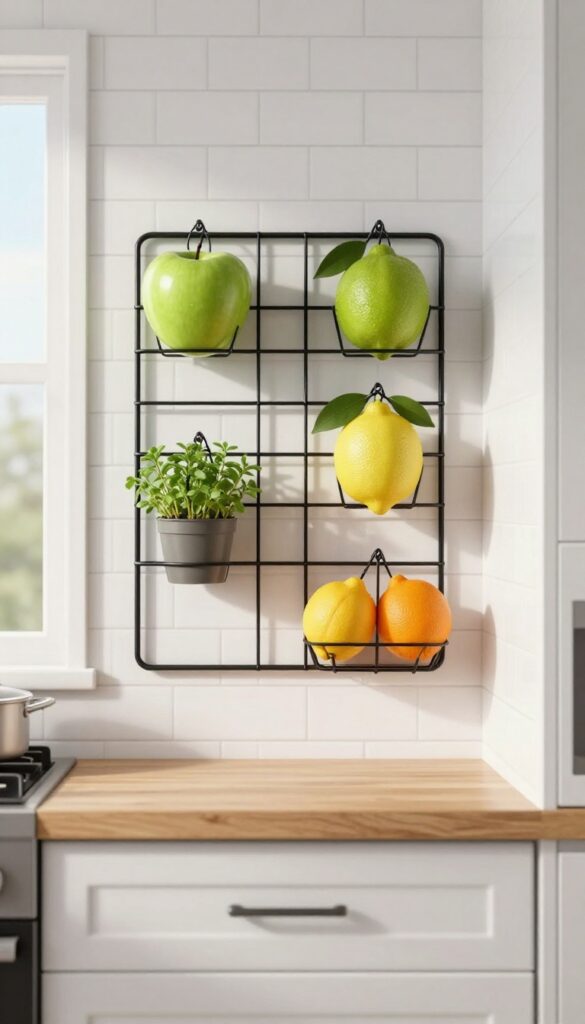 Wall-mounted metal grid with hanging baskets filled with fruits in a bright kitchen