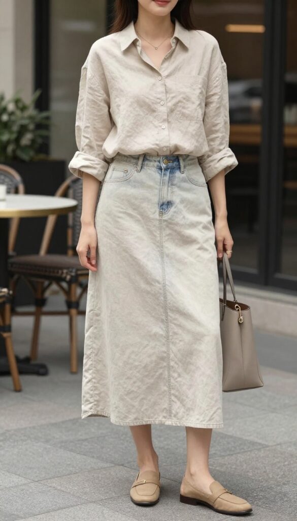 A woman wearing a light-colored button-down shirt tucked into a long denim skirt with rolled-up sleeves, paired with loafers and simple accessories, styled in a polished yet relaxed outfit suitable for summer brunch or casual meetings.