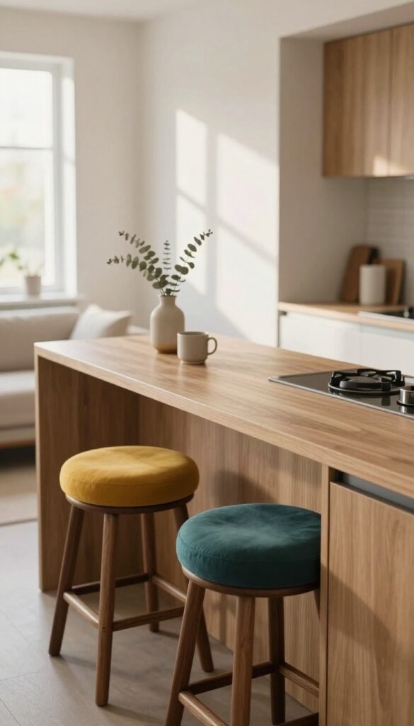 Narrow breakfast bar with cushioned stools at kitchen pass-through