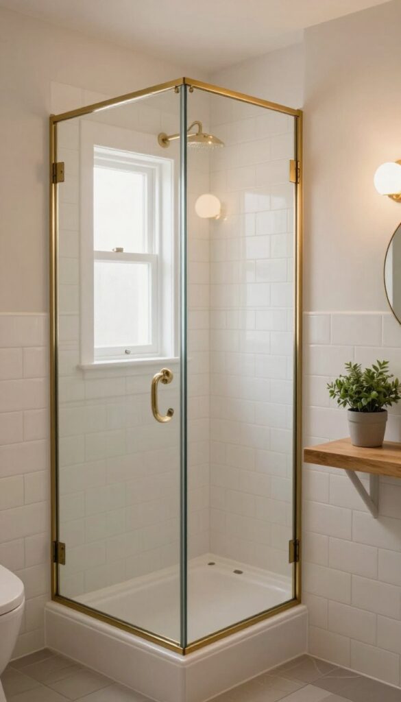 Cozy bathroom with large brass-framed mirror opposite glass shower, reflecting light and space