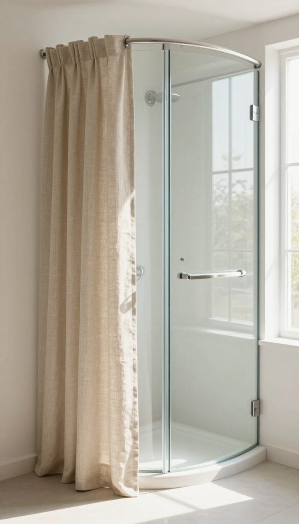 Curved glass shower partition with fabric curtain in warm neutral tone, bright natural light