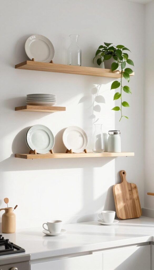 Open shelving in a bright kitchen with curated dishes, glassware, and a trailing plant, creating an airy and uncluttered look.