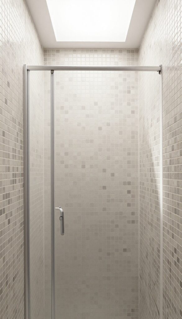 Close-up view of mosaic tile accent border in a modern shower stall with detailed patterns and natural lighting