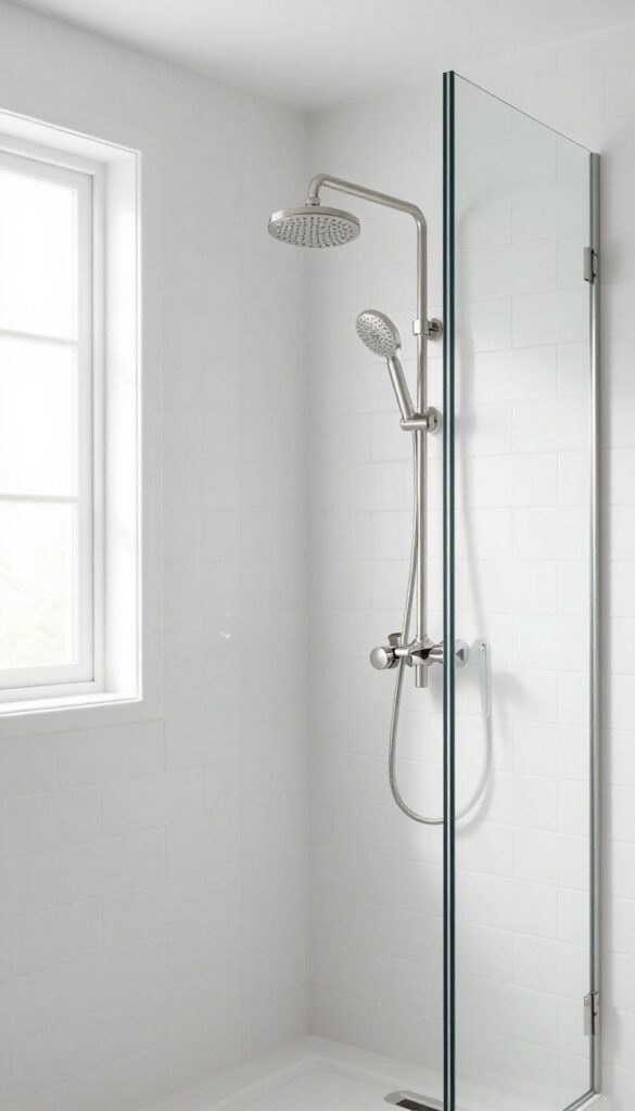 Corner-mounted shower head in satin nickel finish in a bright tiled alcove shower