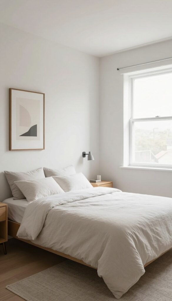 A serene guest bedroom with a simple bed, neutral tones, and natural light, designed to feel spacious and welcoming without excess furniture or decor.