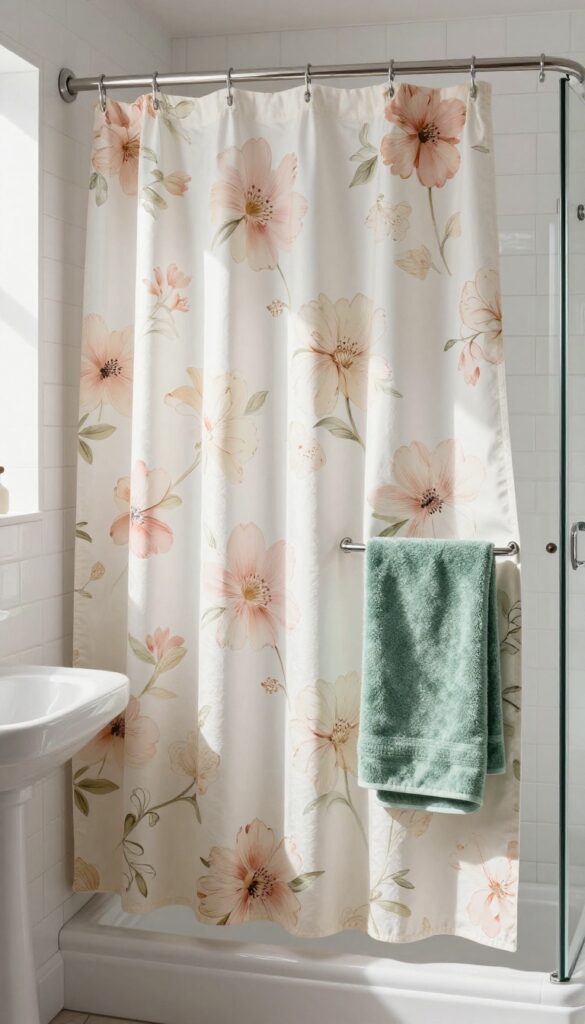 Bright bathroom with vintage floral shower curtain, white tiles, natural light, and sage green towels.