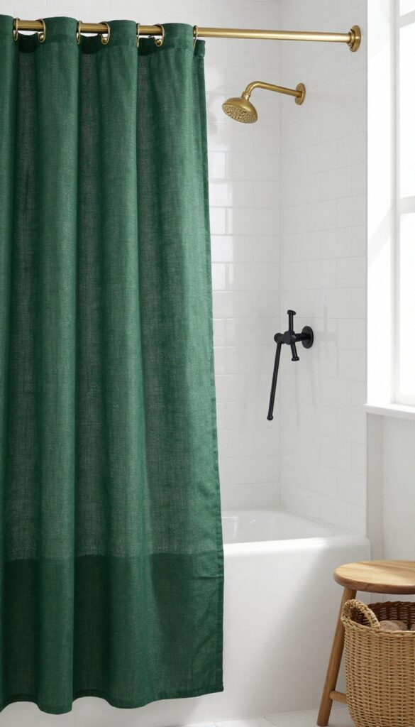Dark green linen curtain used as a shower curtain in a bright bathroom with white tiles and brass fixtures