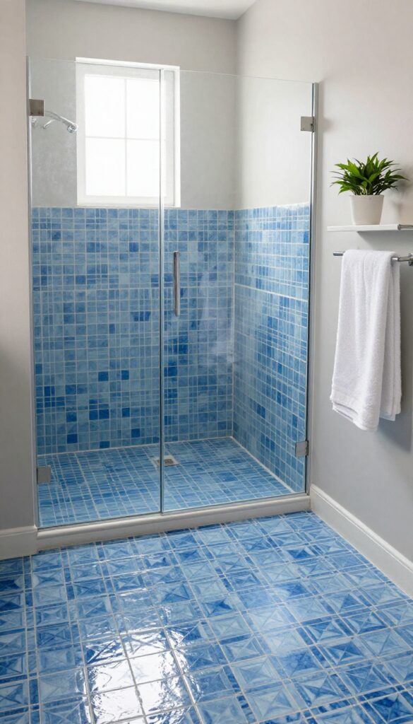 Close-up view of patterned geometric floor tiles in blue tones within a small standing shower corner, defined by a clear glass panel and neutral bathroom decor under bright natural lighting.