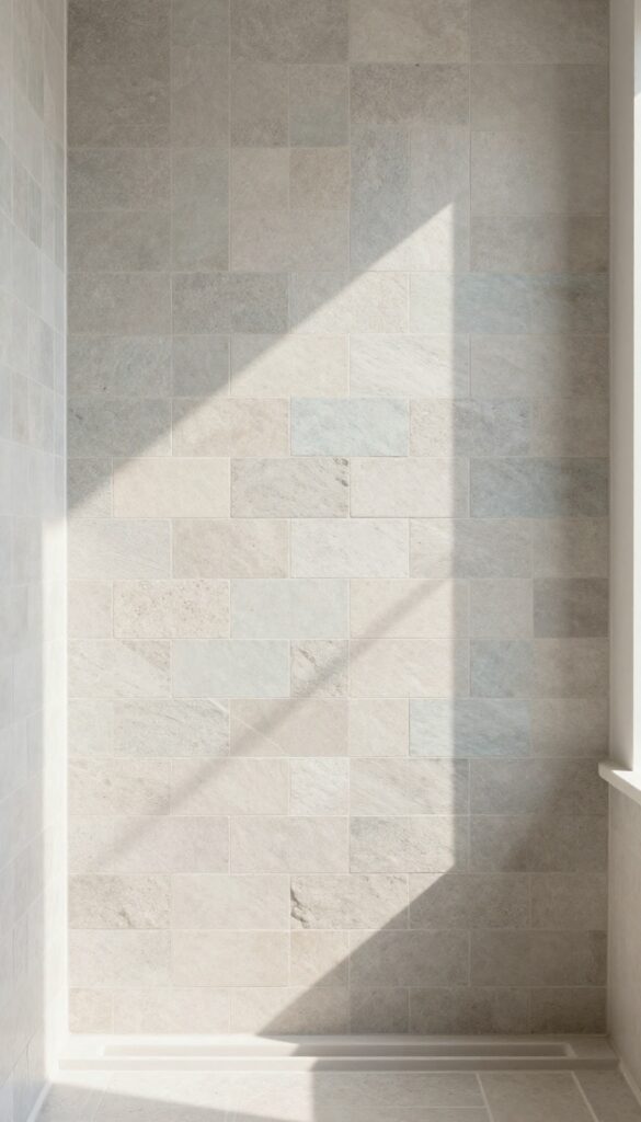 A standing shower with a textured tile accent wall in soft colors like light gray and beige, showcasing natural stone and subway tiles for visual interest in bright natural light.