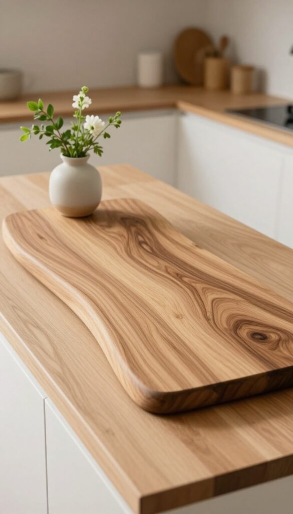 A curved wooden cutting board with herbs and flowers on a kitchen counter