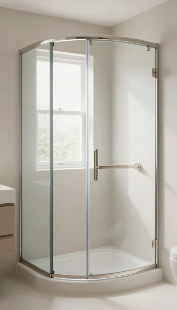 Curved sliding glass shower door for a tub-shower combo in a small bathroom, with clear glass and brushed nickel hardware under bright natural light.
