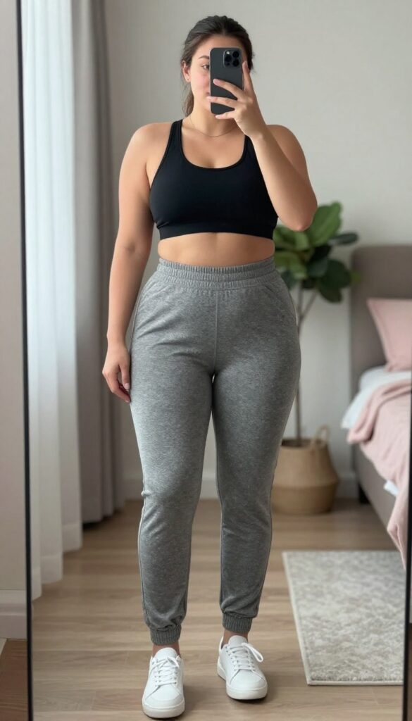 Plus-size woman in a longline sports bra and high-rise joggers, taking a mirror selfie in a bright, modern bedroom.