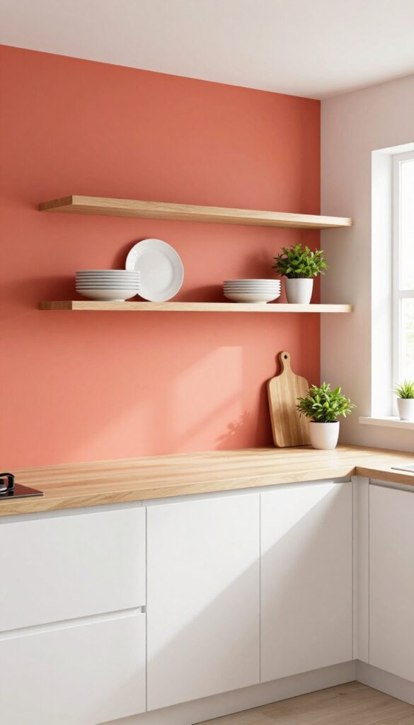 Open kitchen shelves with coral painted back panel, white dishes, wood cutting board, and plants in natural light
