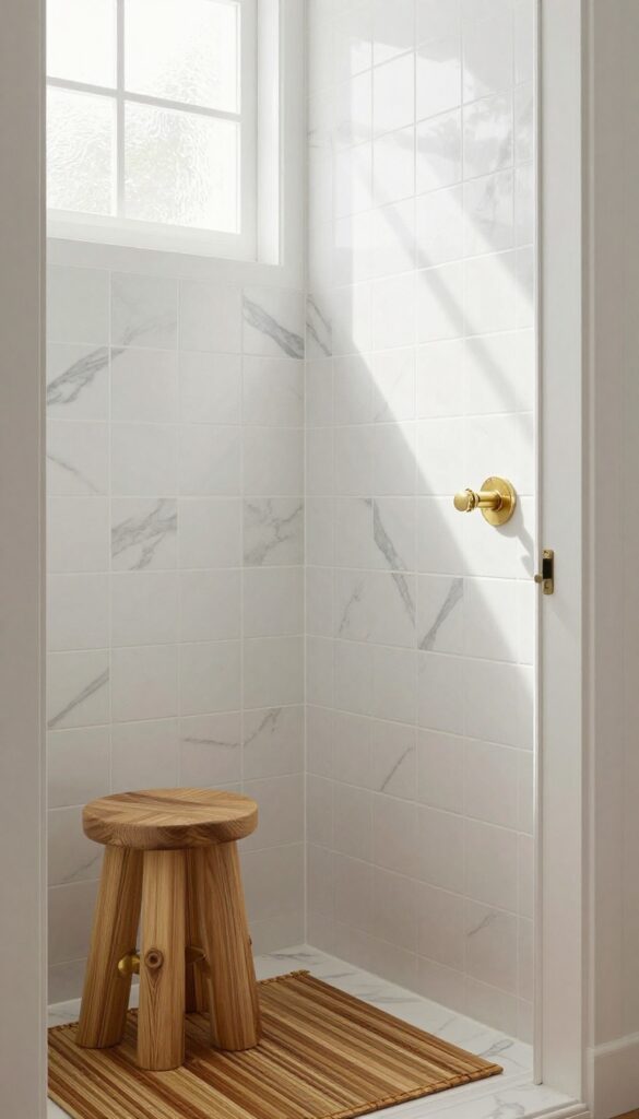 Coastal shower with Carrara marble look-alike tile, teak stool, bamboo mat, and brass fixtures