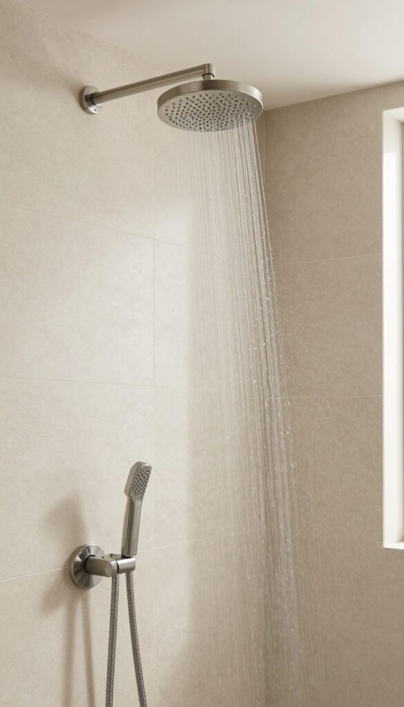 A master bathroom walk-in shower with a ceiling-mounted rainfall showerhead and textured stone tiles in natural light