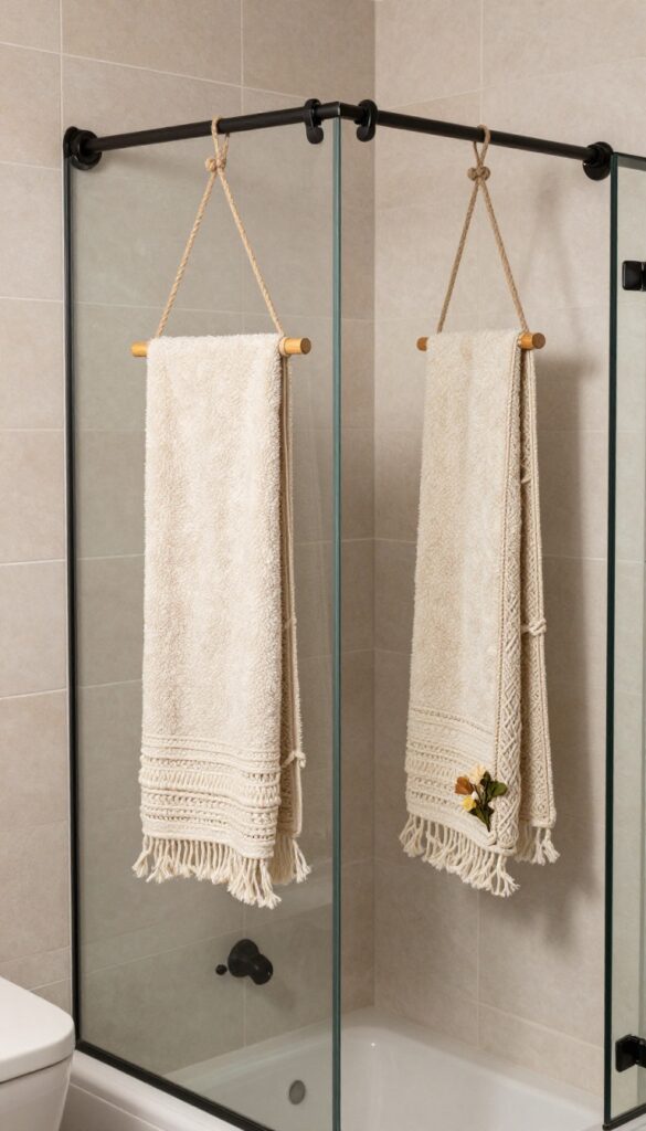 Hanging macramé towel holders in a bright bathroom with no-glass shower area
