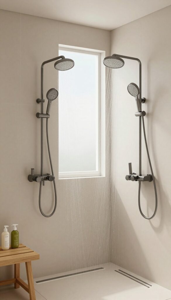 Corner shower with two adjustable showerheads on opposite walls, teak bench, and natural light