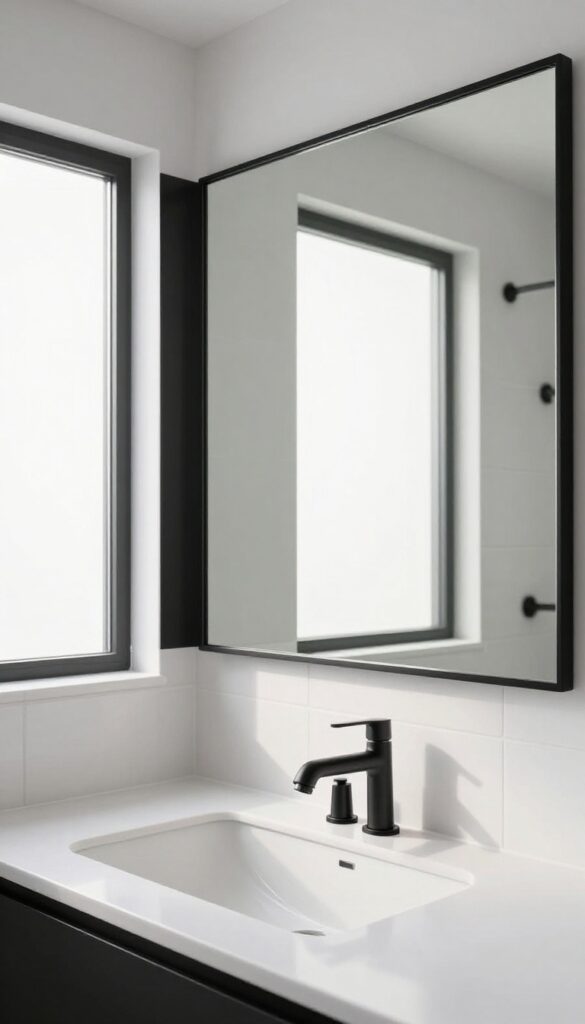 A modern bathroom featuring a black-framed mirror for visual contrast against white tiles and surfaces, with natural lighting and clean design.