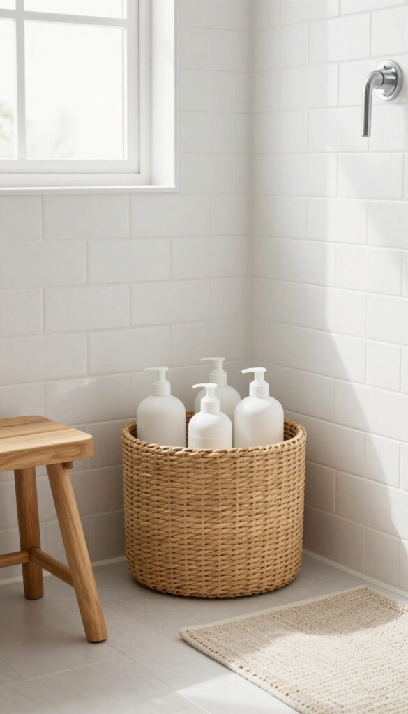 Woven corner caddy in a bright shower with natural light, teak stool, and white bottles