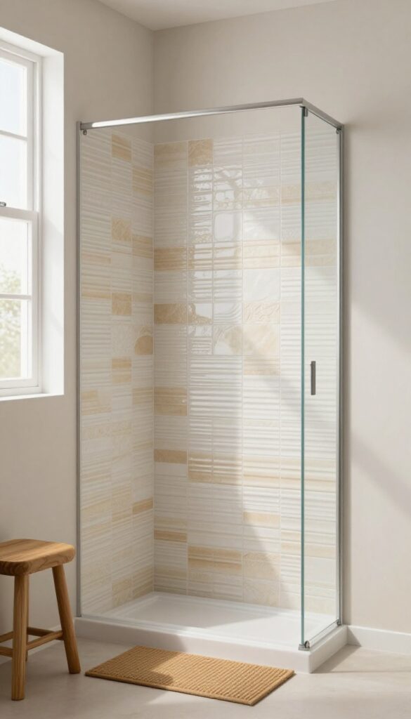 Small shower-only bathroom with textured wall tiles catching natural light, wooden stool and teak bath mat