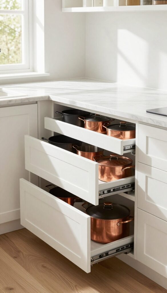Deep drawers in a kitchen peninsula organized with pots and pans