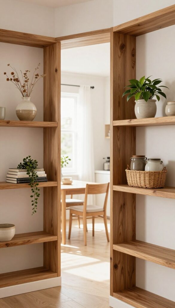 Warm wood floating shelves on both sides of a kitchen pass-through opening with ceramic vases, cookbooks, plants, and woven baskets.